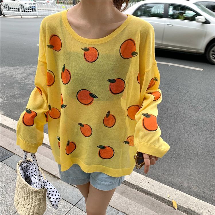 White Yellow Oranges Print Thin Transparent Blouse