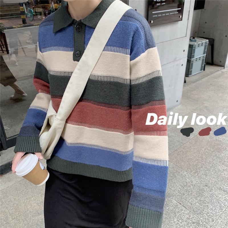 Wide Colorful Stripes Polo Collar Loose Sweater