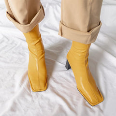 Yellow Black Square Toe Pu Leather Sock Boots