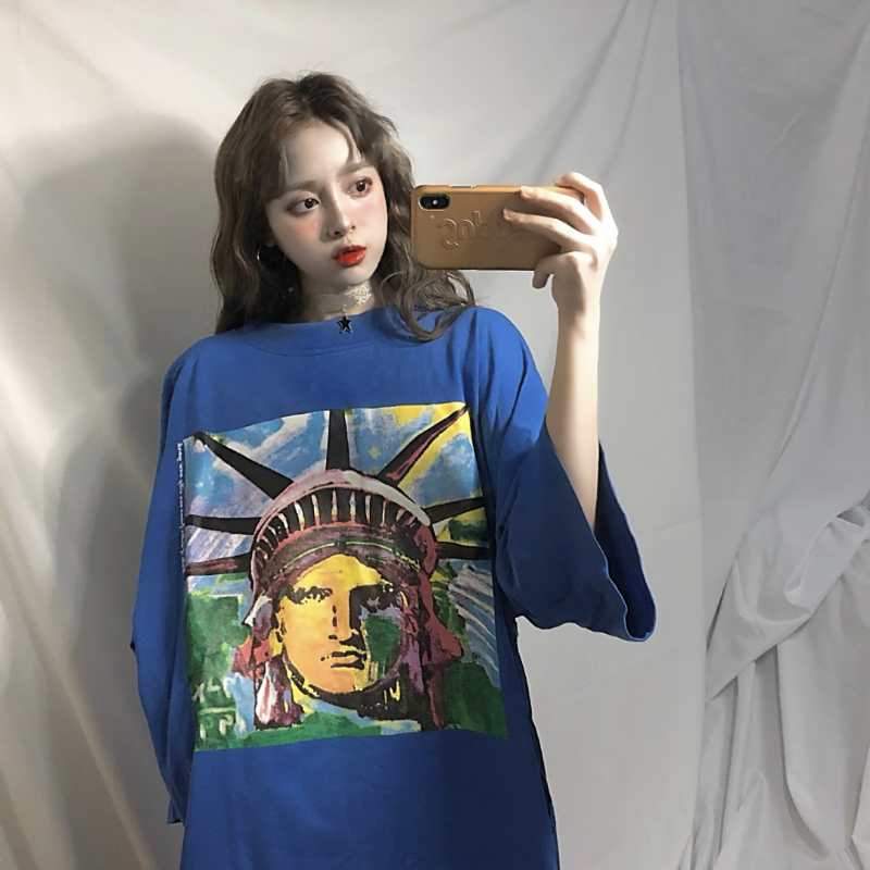 Yellow Blue Statue Of Liberty Colorful Print Oversize Long T-Shirt