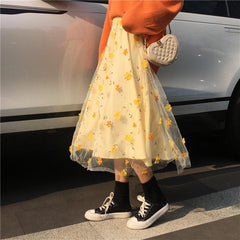 Yellow Spring Flowers Pastel Aesthetic Mesh Long Skirt