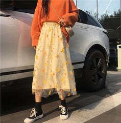 Yellow Spring Flowers Pastel Aesthetic Mesh Long Skirt