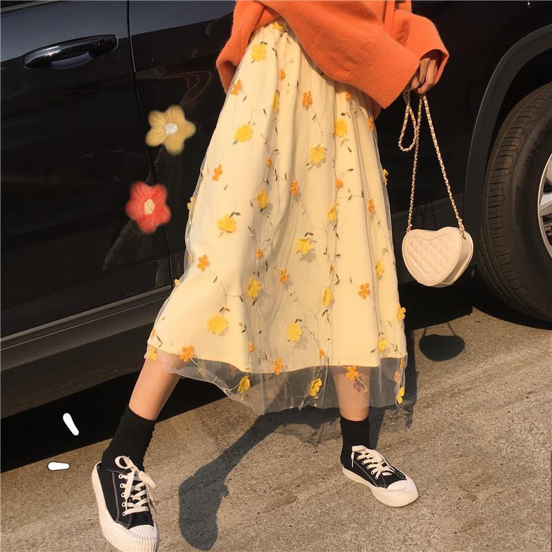 Yellow Spring Flowers Pastel Aesthetic Mesh Long Skirt