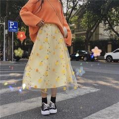 Yellow Spring Flowers Pastel Aesthetic Mesh Long Skirt