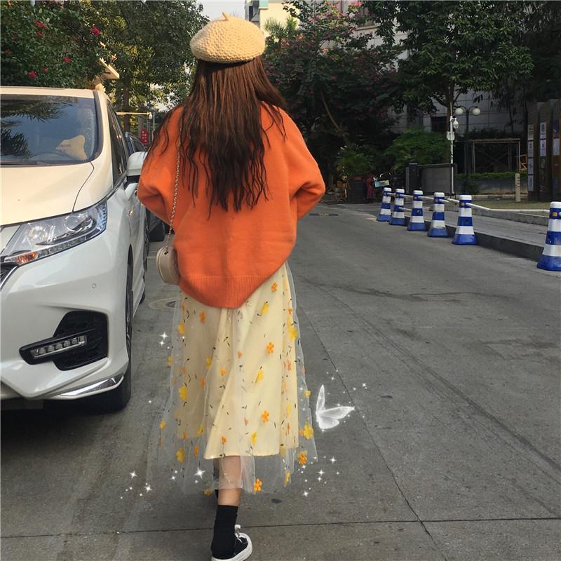 Yellow Spring Flowers Pastel Aesthetic Mesh Long Skirt