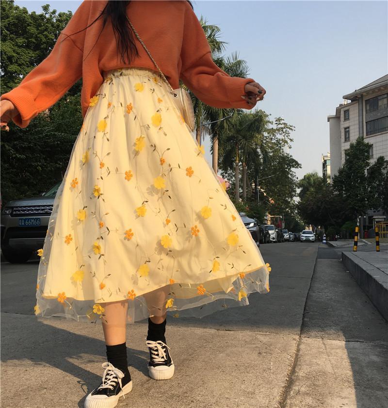 Yellow Spring Flowers Pastel Aesthetic Mesh Long Skirt