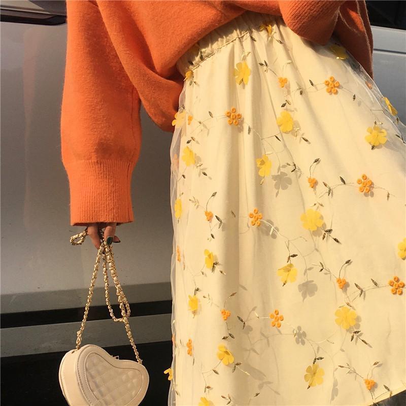 Yellow Spring Flowers Pastel Aesthetic Mesh Long Skirt