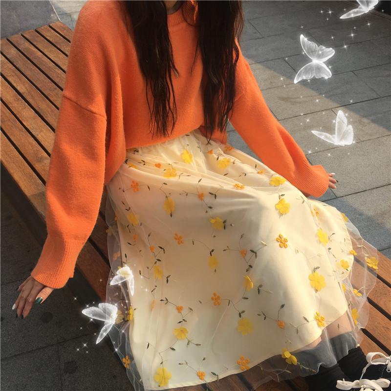 Yellow Spring Flowers Pastel Aesthetic Mesh Long Skirt