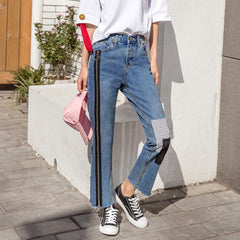 Zipper Patch Decoration Trousers Denim Boyfriend Jeans