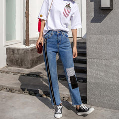 Zipper Patch Decoration Trousers Denim Boyfriend Jeans