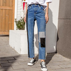 Zipper Patch Decoration Trousers Denim Boyfriend Jeans