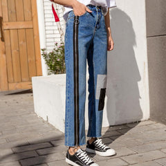 Zipper Patch Decoration Trousers Denim Boyfriend Jeans