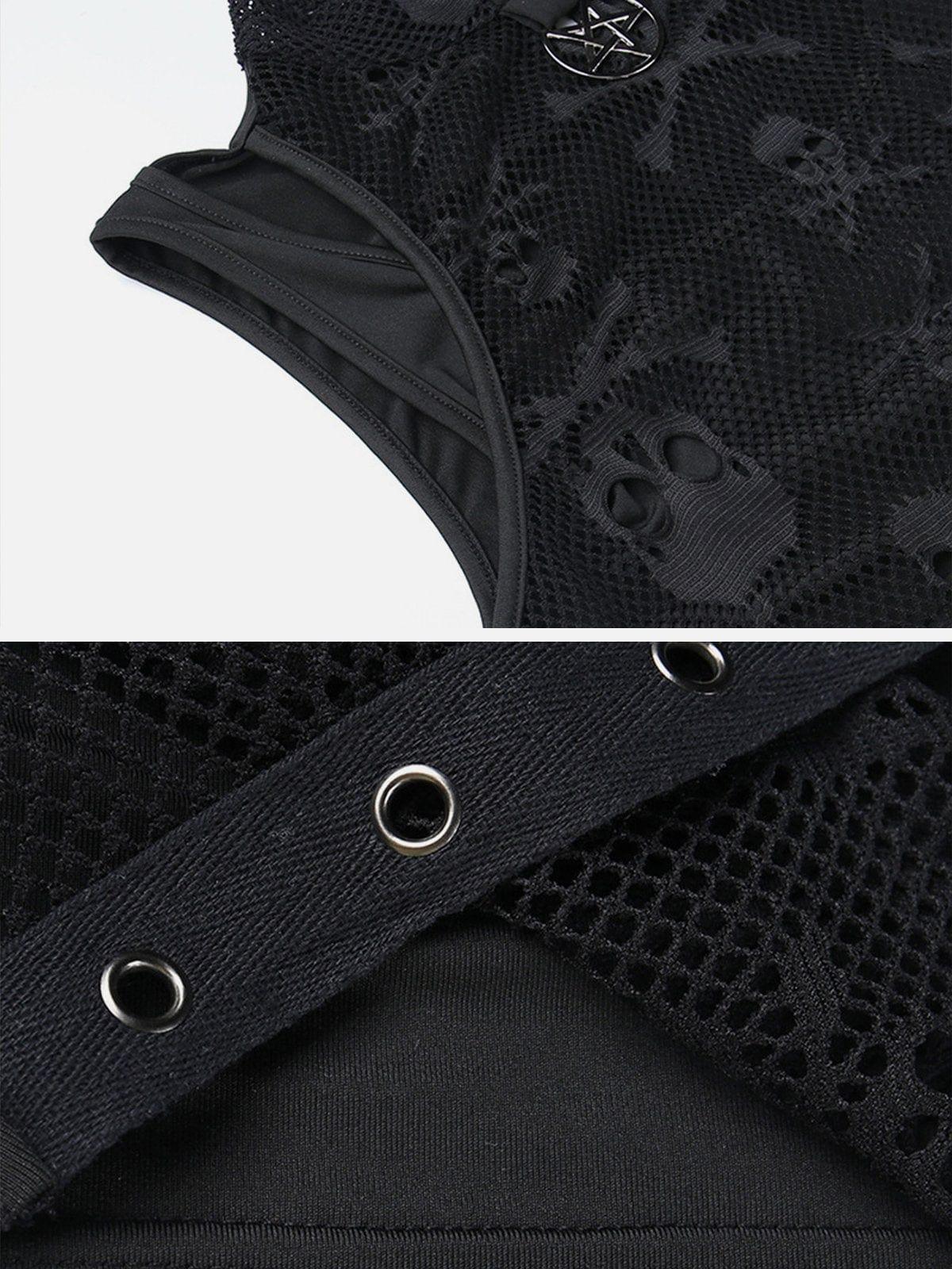Skull Mesh Lace Cuff Shirt