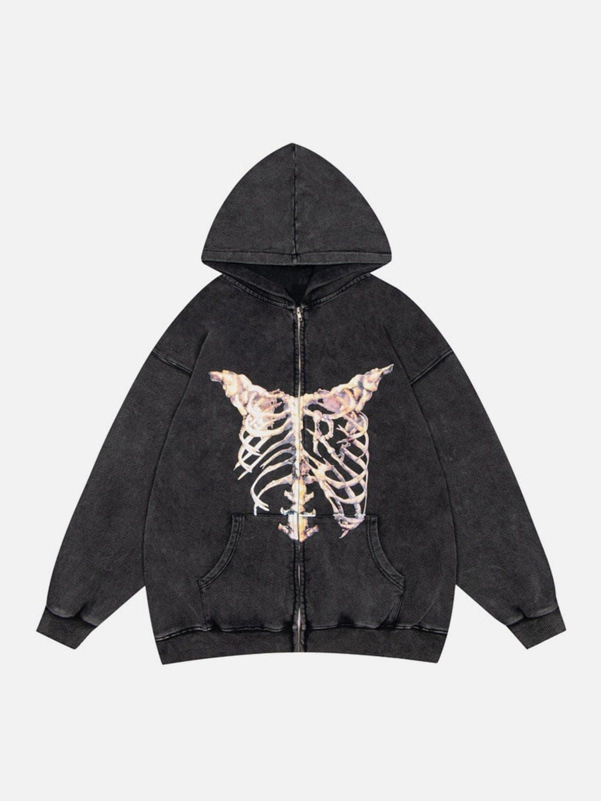 Washed Skeleton Pattern Zip Up Hoodie