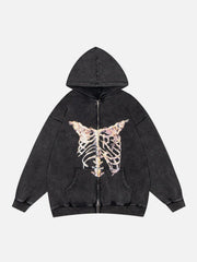 Washed Skeleton Pattern Zip Up Hoodie
