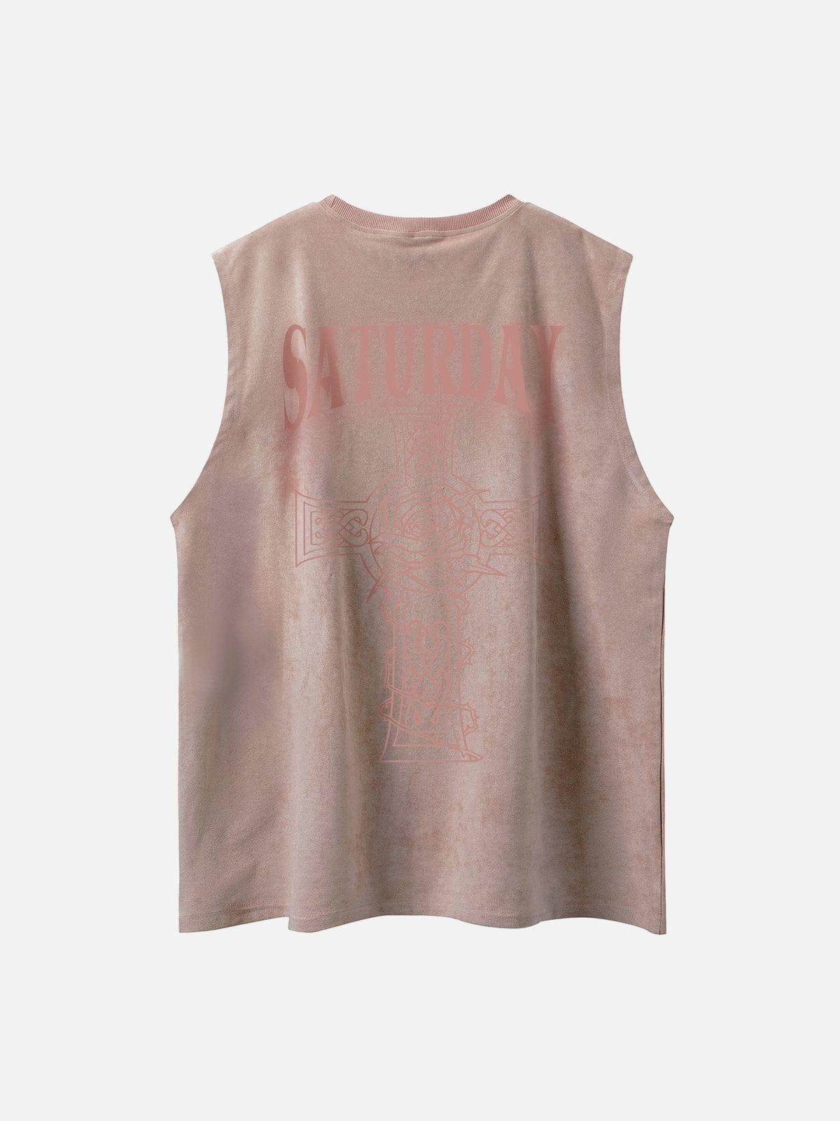 Necklace Cross Print Suede Vest