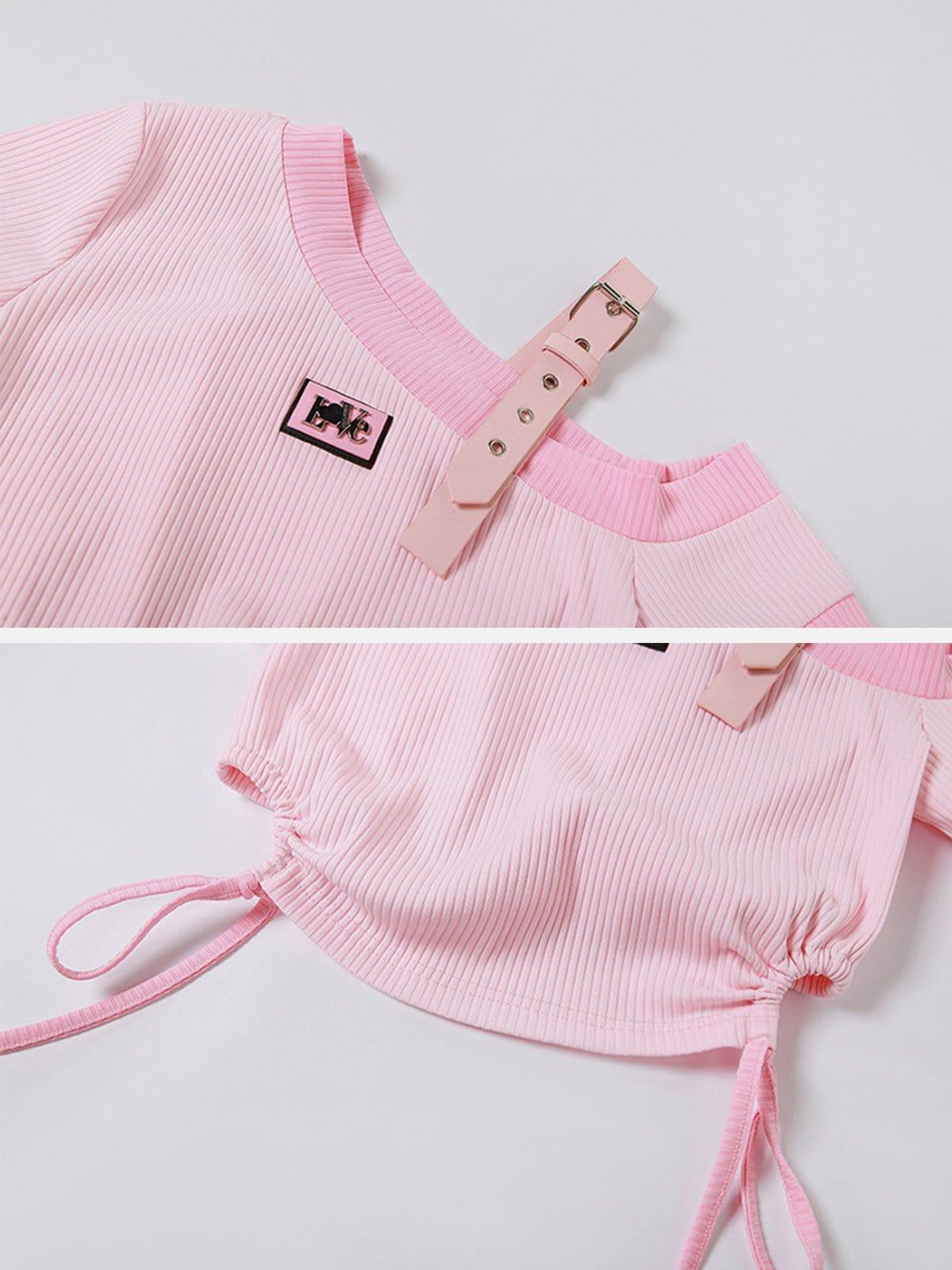 Irregular Shoulder Strap Short Sleeve T Shirt