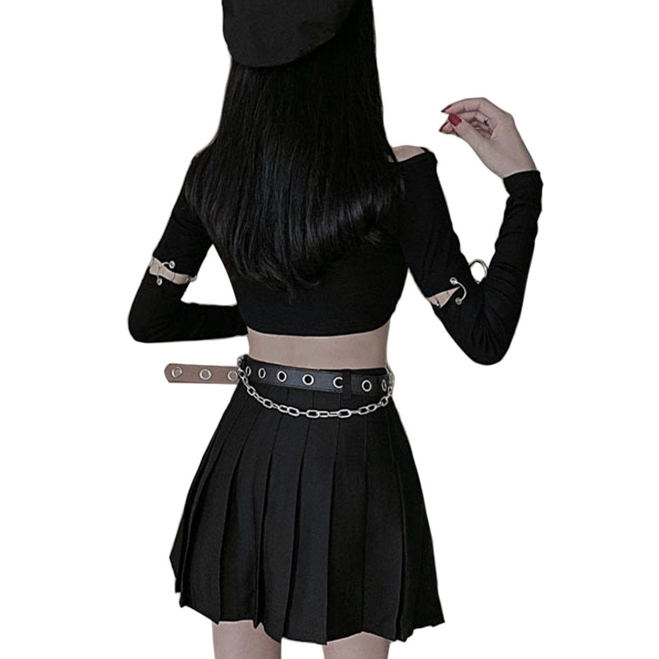 Dark Punk Personality Chain T-Shirt Pleated Skirt Two-Piece Set