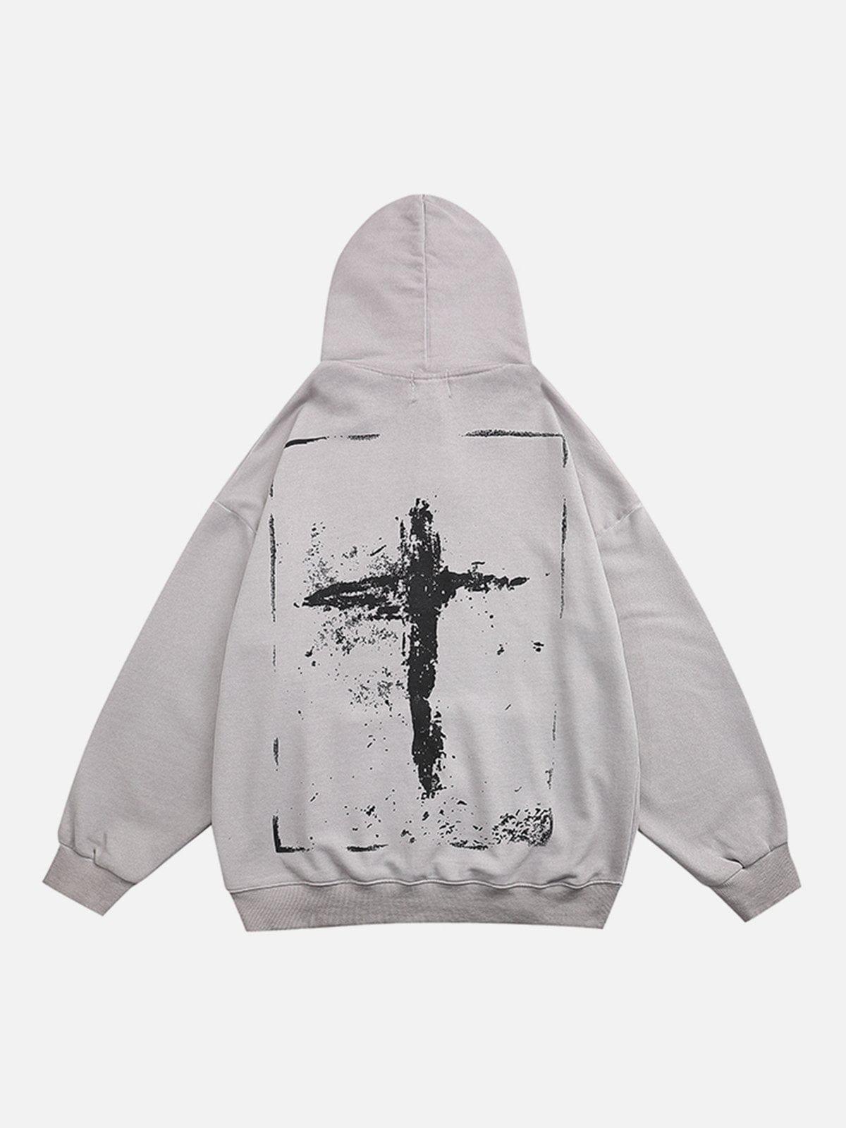 Washed Graffiti Cross Pattern Hoodie