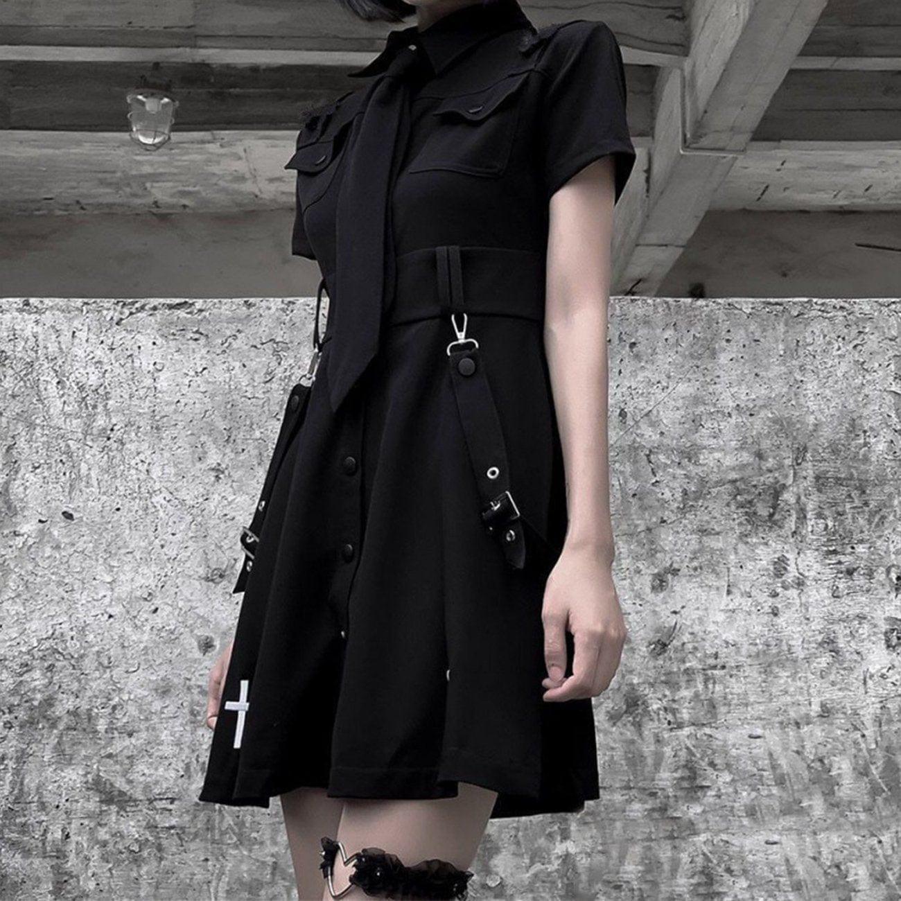 Dark Punk Cross Embroidery Tie Ribbons Dress