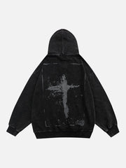 Washed Graffiti Cross Pattern Hoodie