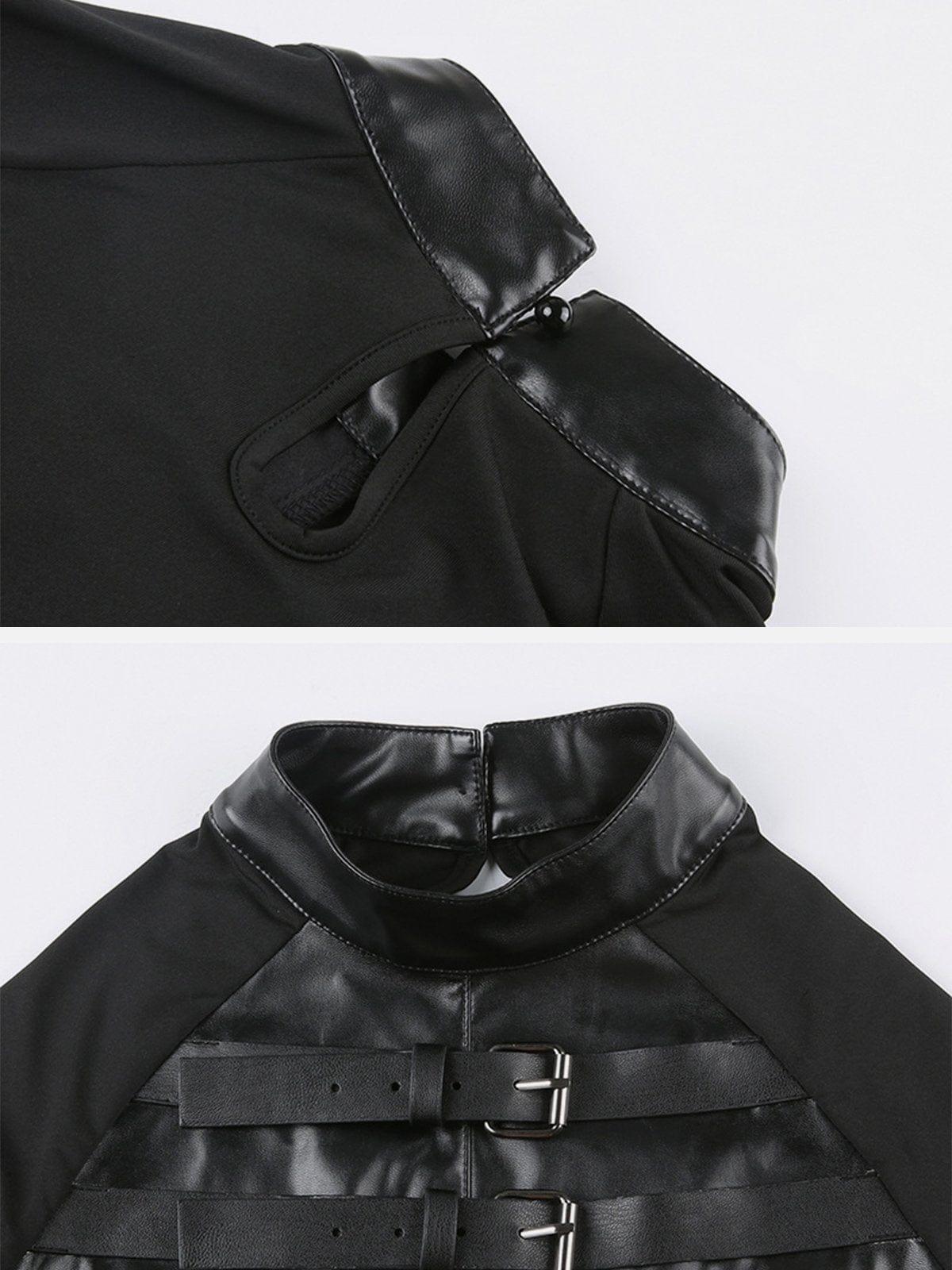 Leather Panel Metal Buckle Long Sleeve T Shirt