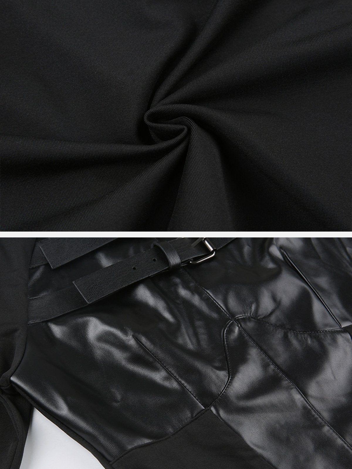 Leather Panel Metal Buckle Long Sleeve T Shirt
