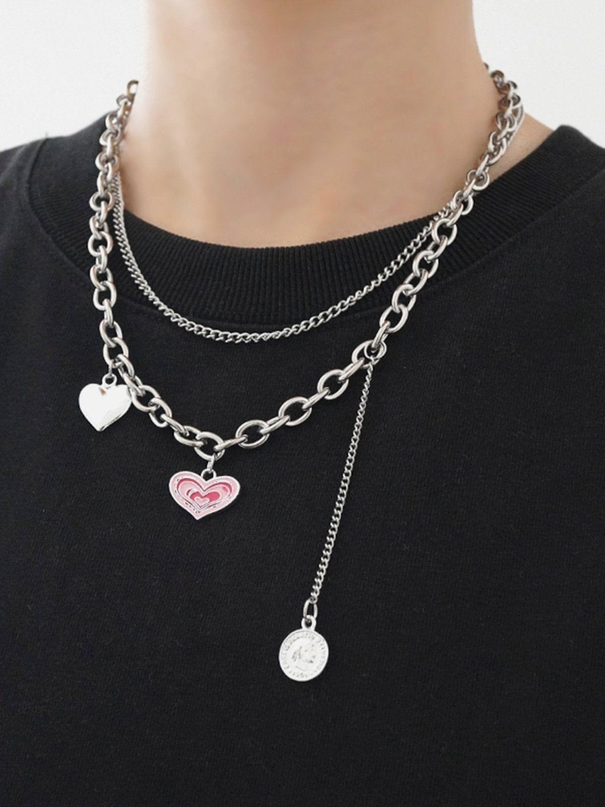 Pink Heart Coin Double Necklace