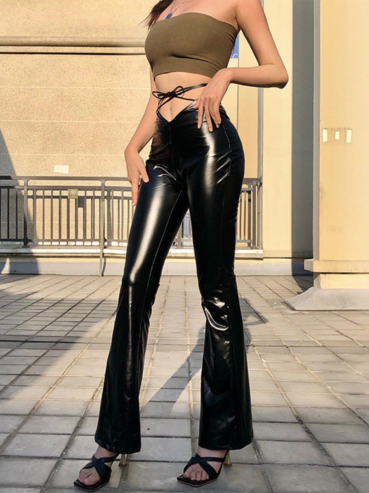 Wide-Leg Strap Slim Fit PU Leather Pant