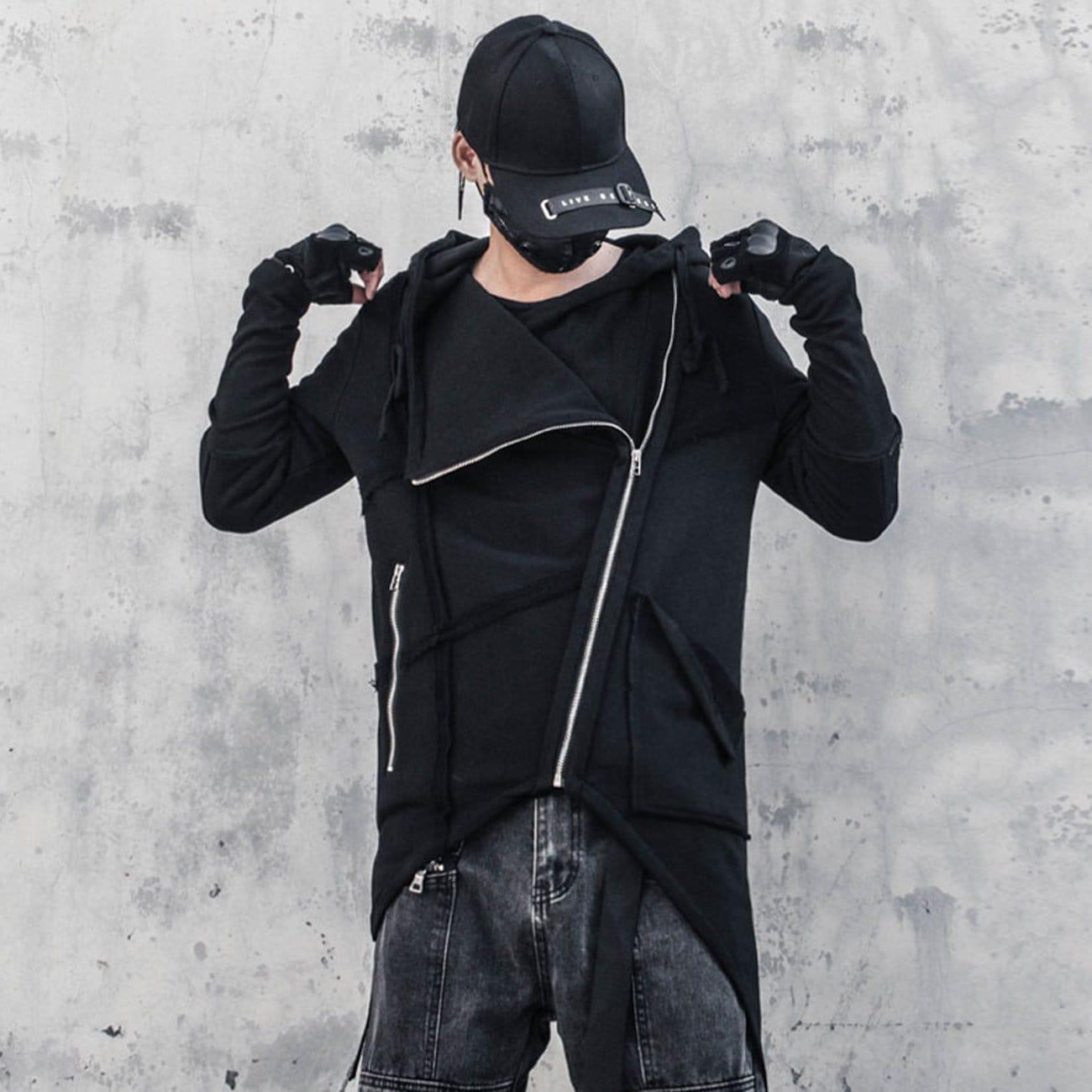 Dark Function Irregular Diagonal Zipper Hooded Jacket