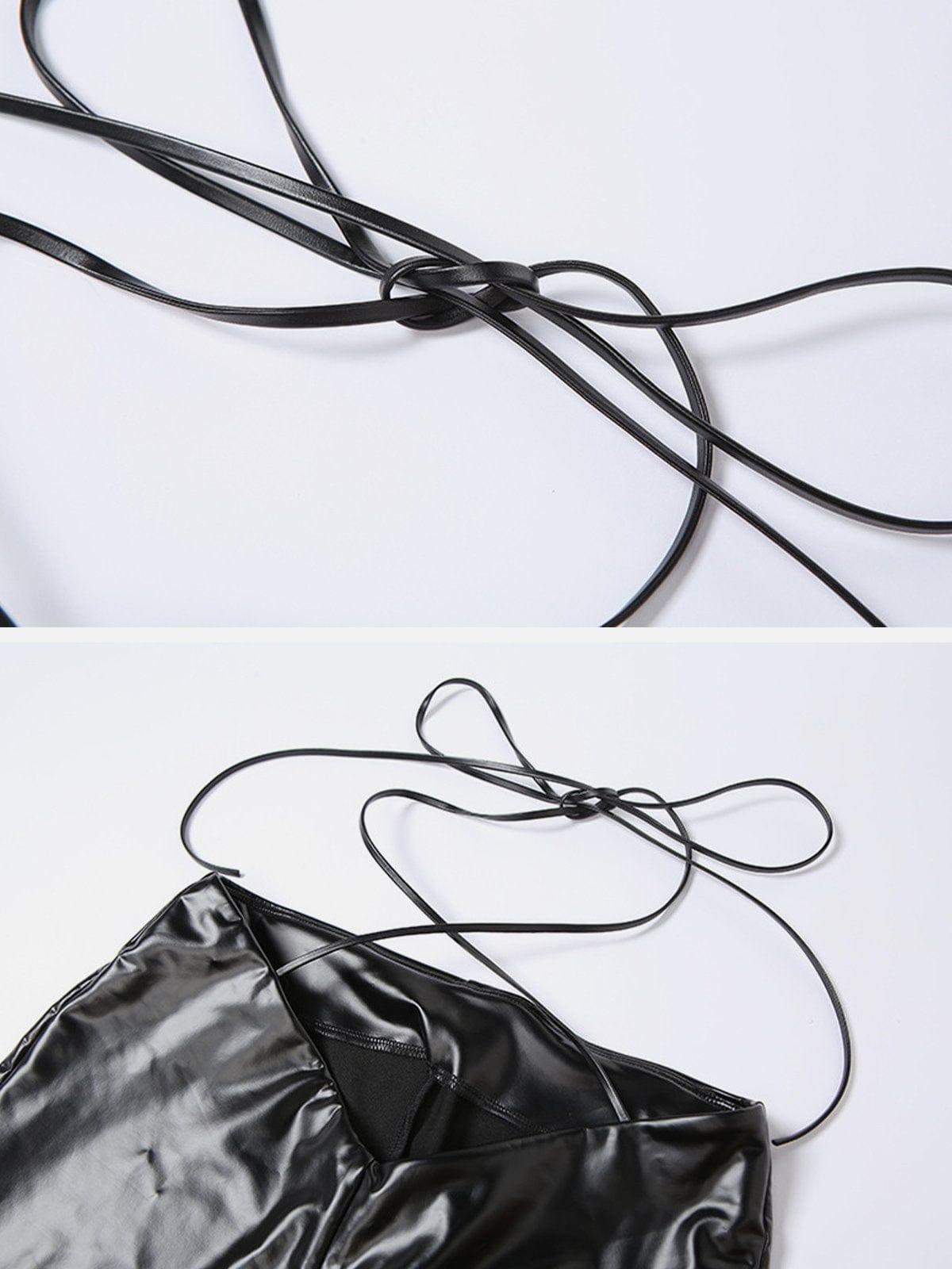 Wide-Leg Strap Slim Fit PU Leather Pant