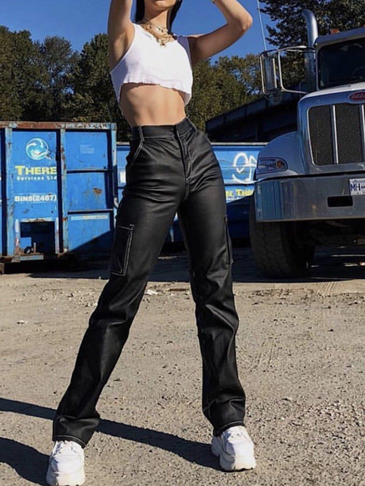 Multi Pockets Buckle Straight Pants