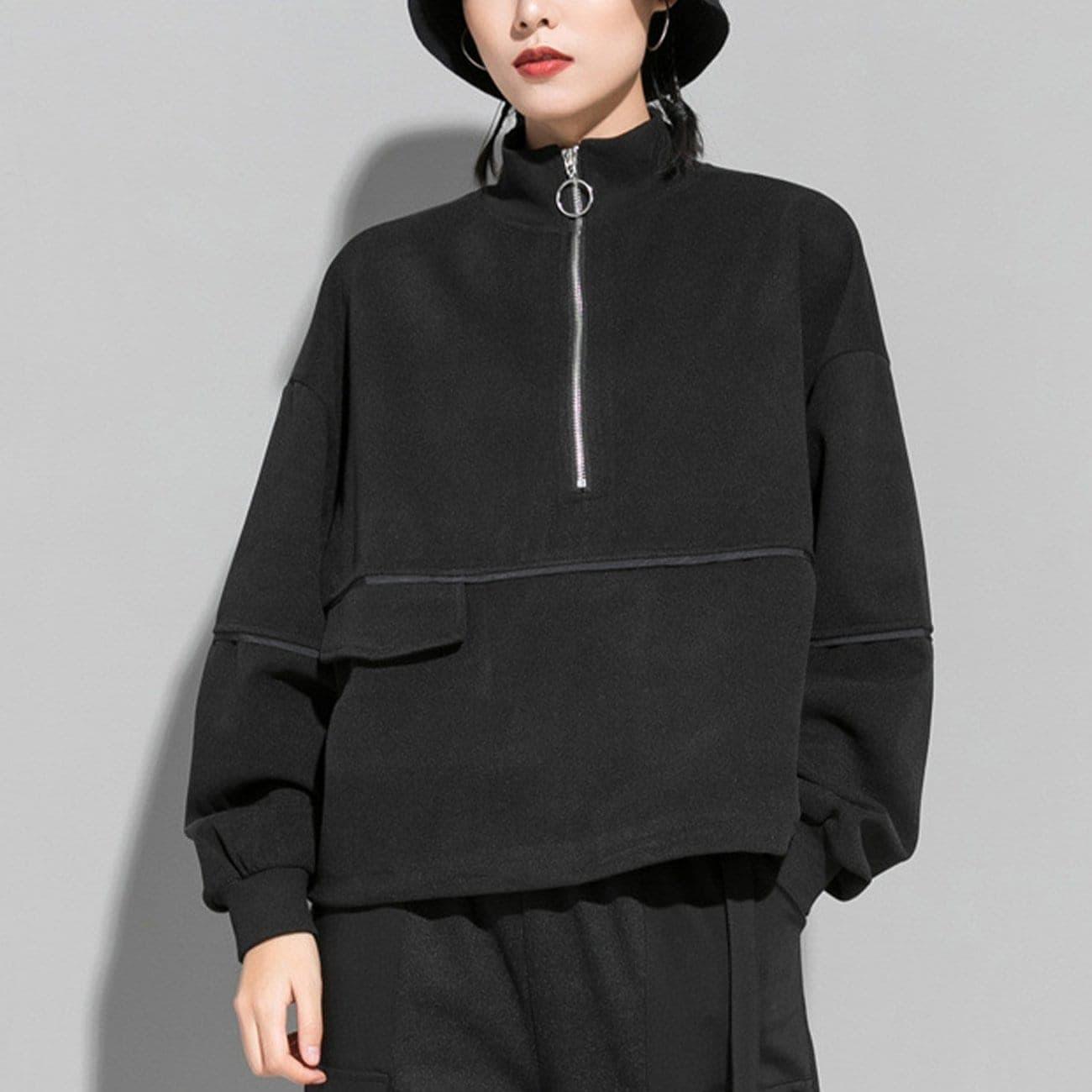 Dark Half Zipper Drawstring Sweatshirt