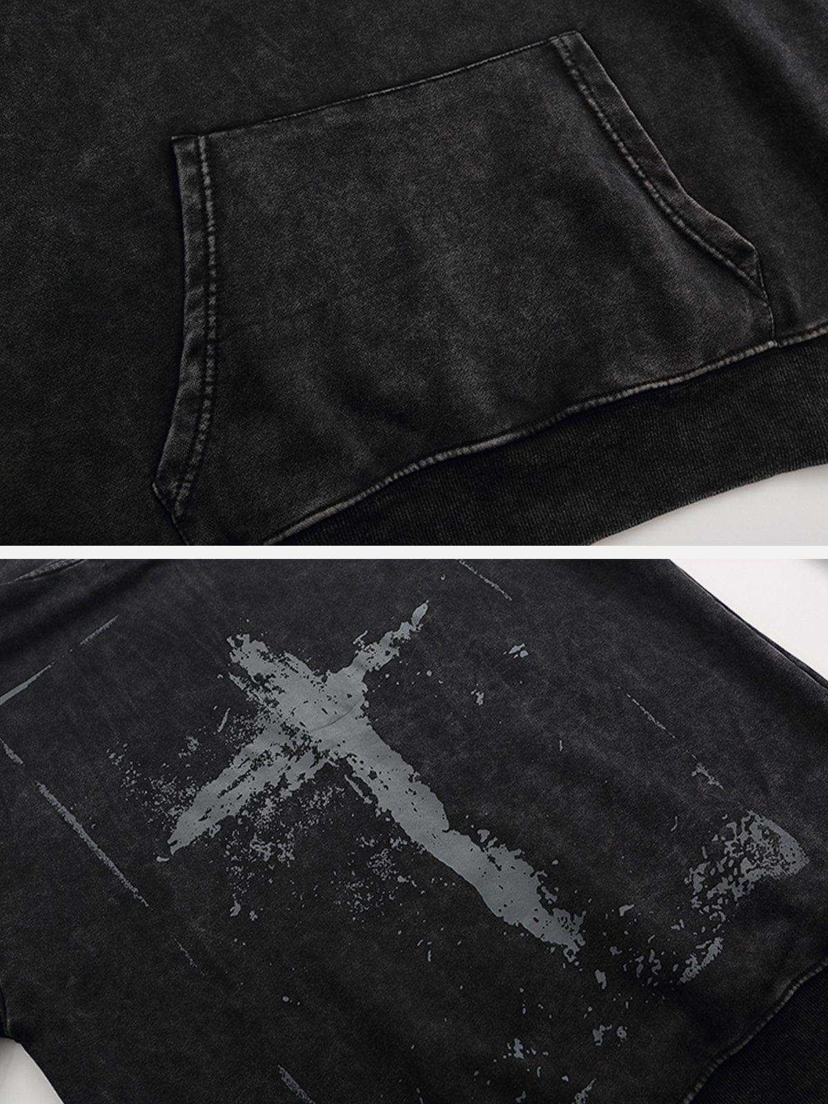 Washed Graffiti Cross Pattern Hoodie