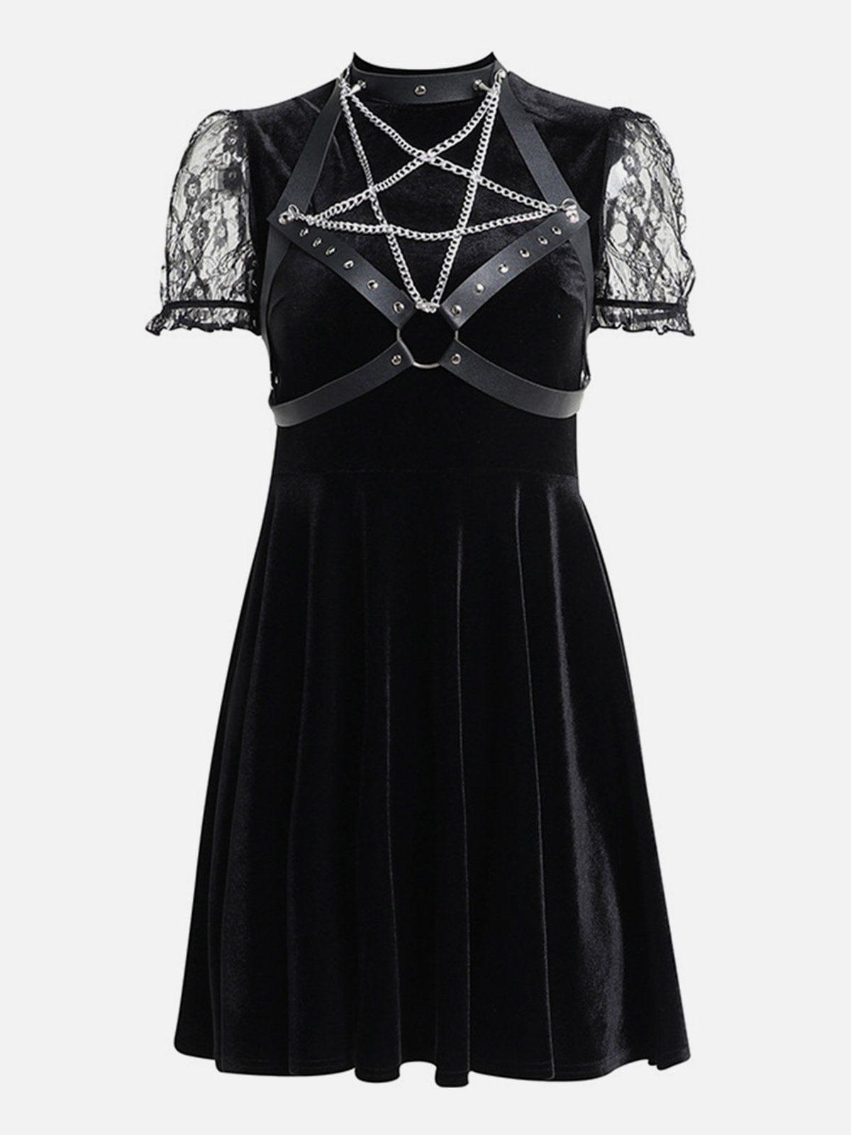 Gothic Chain Pentagram Mesh Patchwork Velvet Dress