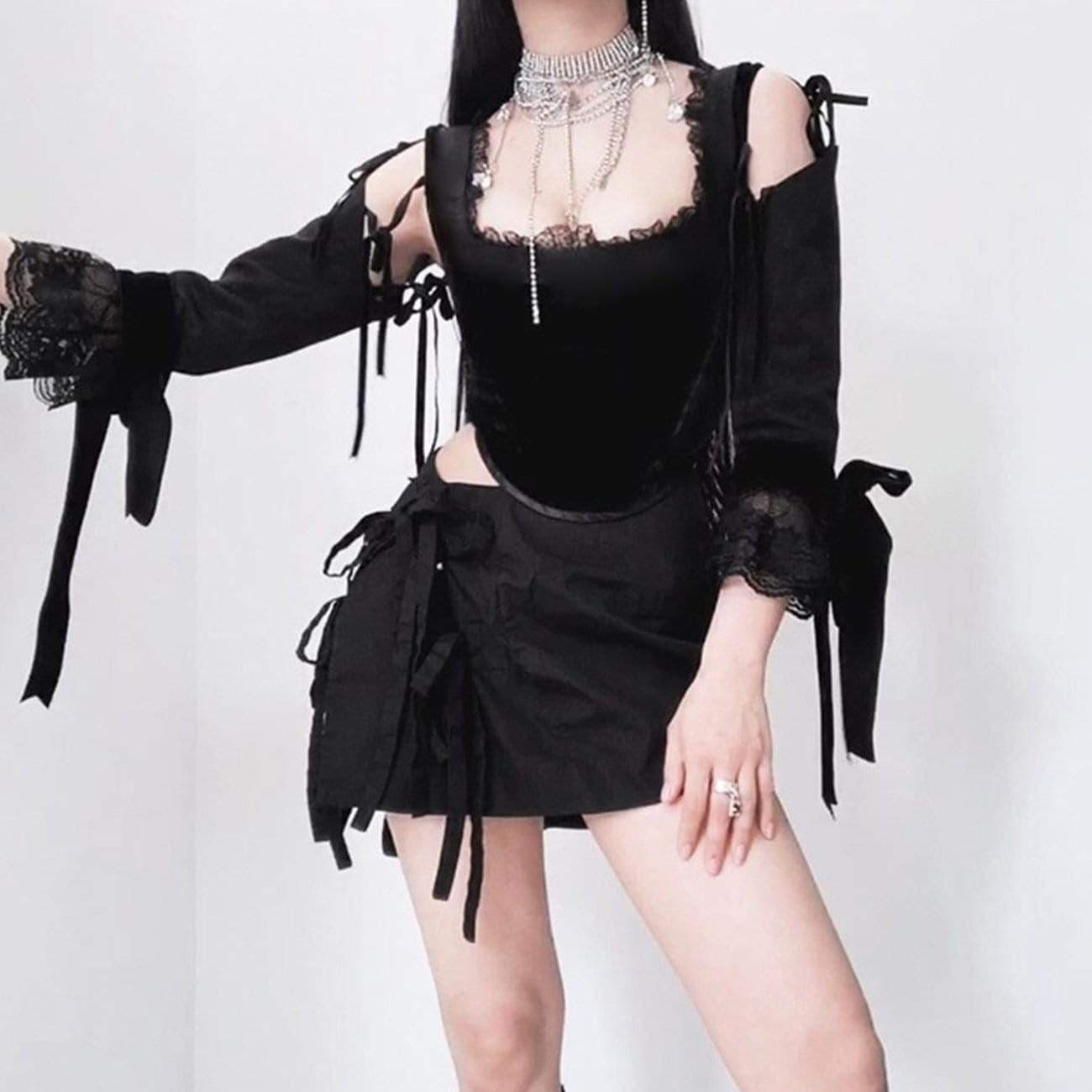 Dark Design Lace Vest Flared Sleeve Long Sleeve T-shirt