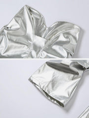 Technological Silver Pleated PU Pants