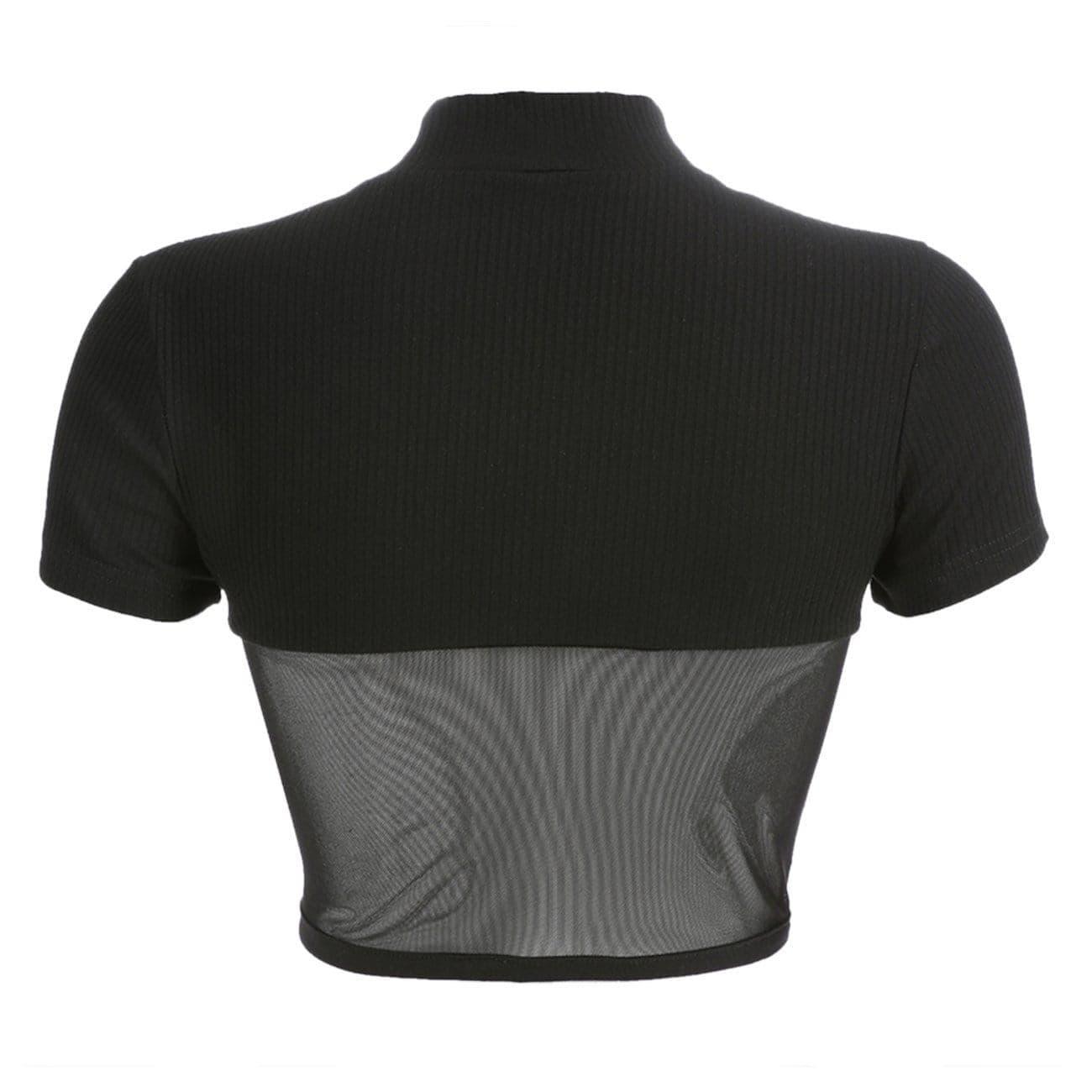 Slim Patchwork Black Mesh Crop Short Sleeve T-shirt