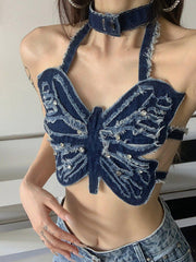 Denim Distressed Butterfly Suspender Vest