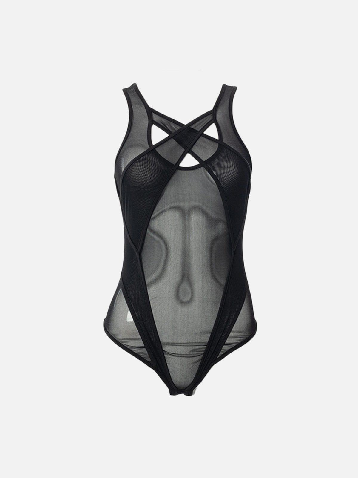 Cross Wrap Mesh Perspective Jumpsuit