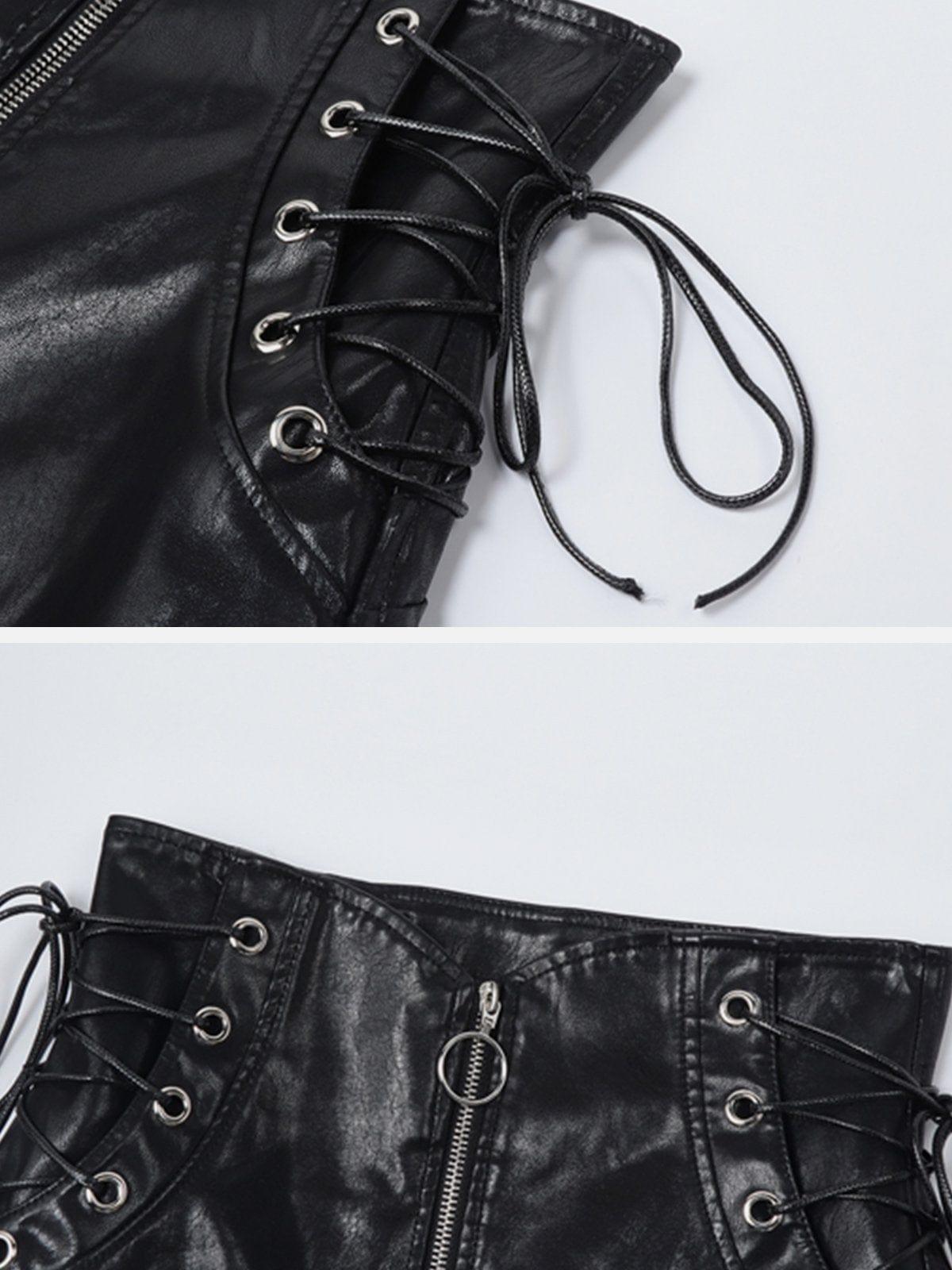 Side Straps Zip Up PU Skirt