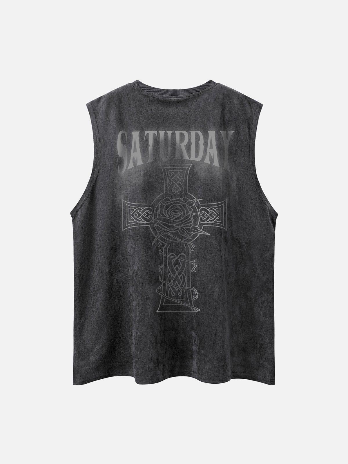 Necklace Cross Print Suede Vest