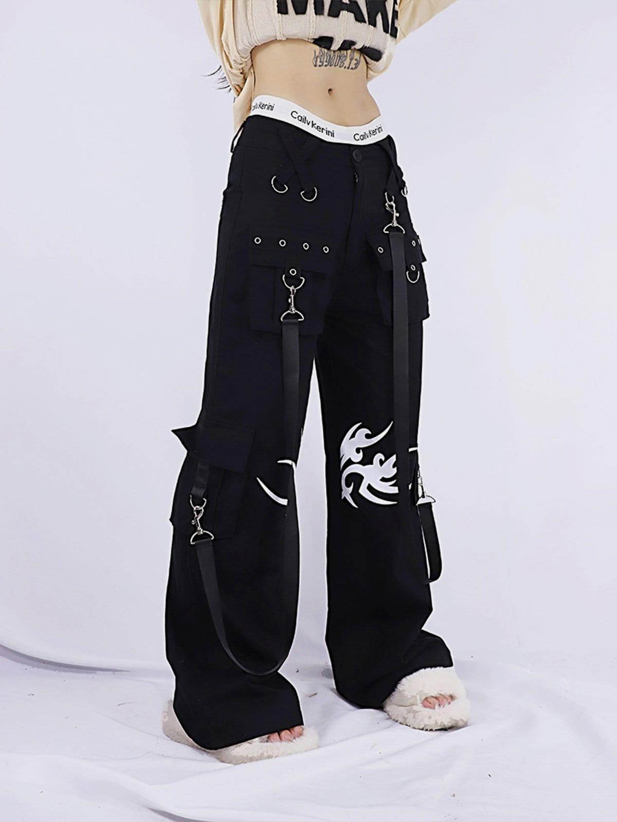Dark Print Rivet Ribbons Pants