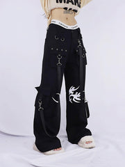 Dark Print Rivet Ribbons Pants