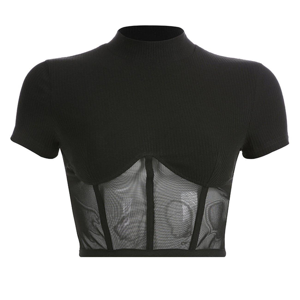 Slim Patchwork Black Mesh Crop Short Sleeve T-shirt