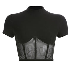 Slim Patchwork Black Mesh Crop Short Sleeve T-shirt