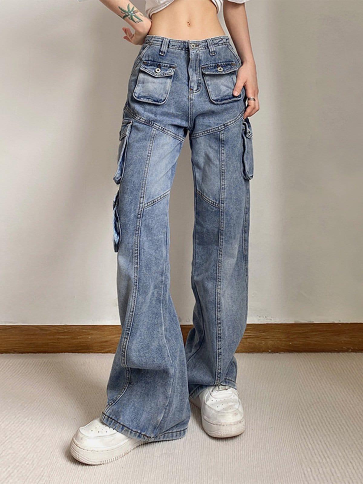 Asymmetrical Pockets Washed Jeans