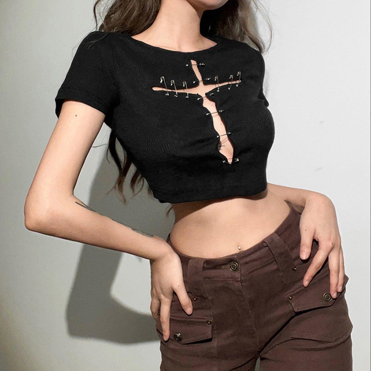 Cross Hollow Out Pins Short Sleeve T Shirt