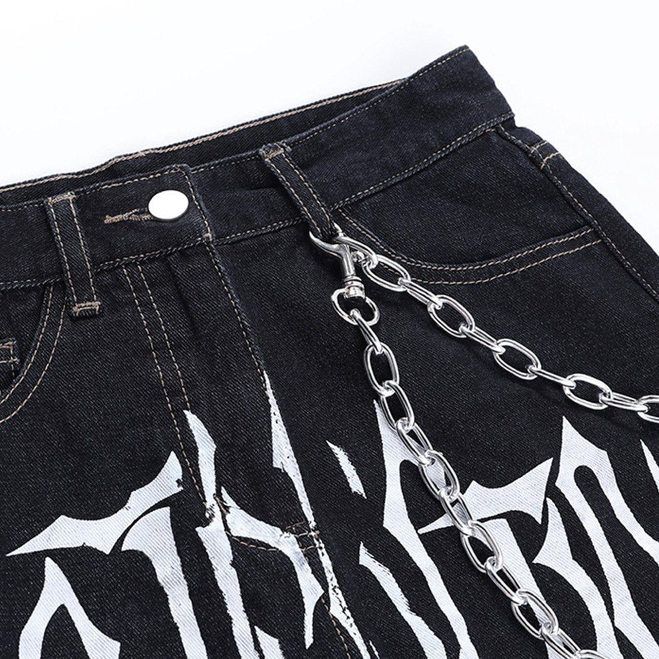 Dark Punk Print Chain Denim Skirt
