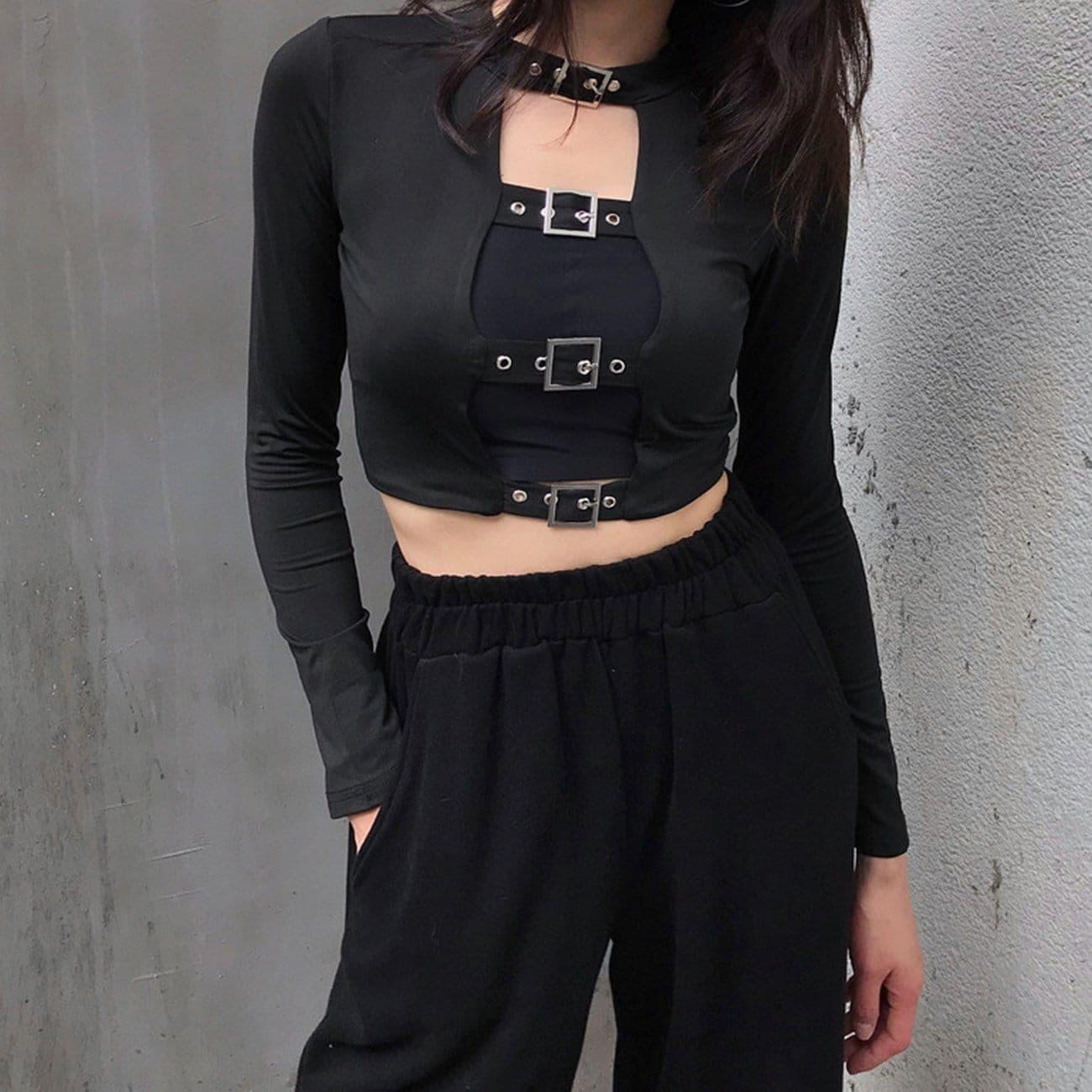 Dark Hollow Out Lace Long Sleeve Crop T Shirt